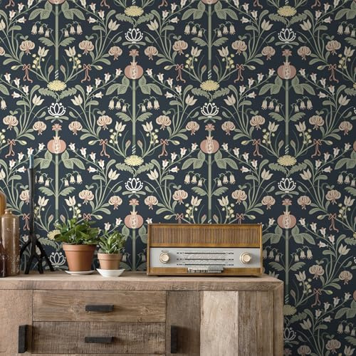 LiKiLiKi Möbelfolie Blau Klebetapete Vintage Selbstklebende Tapete 44x300 cm Blume, Blatt und Frucht Mustertapete Vinyltapete Wasserfest Klebefolie für Möbel Badezimmer Küche Schlafzimmer