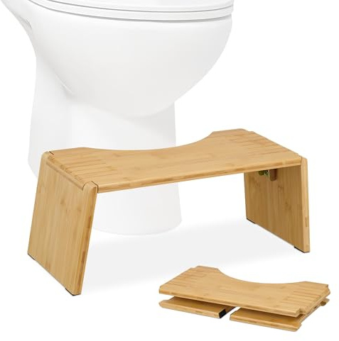 Relaxdays Toalettpall, vikbar, stolsstöd, toalettpall vuxna, bambu, H x B x D: 19 x 48,5 x 20 cm, natur