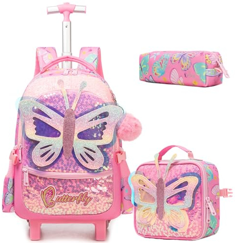 Rollrucksack für Mädchen, Rucksack mit Rollen, Rucksack und Lunchtaschenset für Mädchen, Rollkoffer, Pink Butterfly, 16.5 x 11.8 x 1