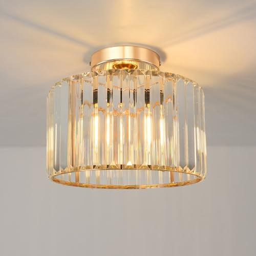 ANWIO Lampadario Cristallo Moderno E27, Plafoniera Camera da Letto Oro 1 Luce, Lampadario Soggiorno in Vetro, Plafoniera da Soffitto in Cristallo per Cucina, 26.5 CM (Senza Lampadine) Kitchen