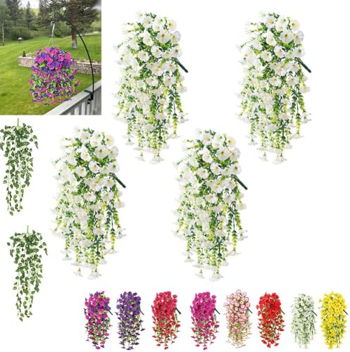 Artificial Hanging Flowers Outdoor, 2/4/6/8 PCS Fake Trailing Plants, Morning Glory Decoration UV-Resistant for Hanging Baskets, Realistic Faux Flowers for Porch, Patio, Yard, Wedding Deco(A,4Pc)