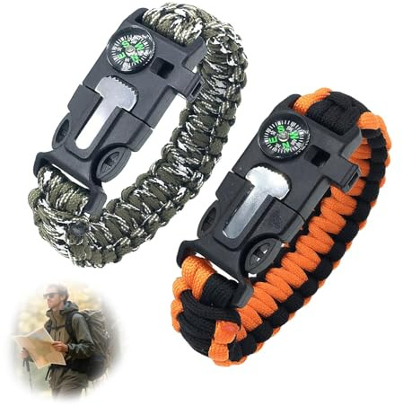 Survival Armband mit Kompass & Feuerstarter, 3,6m Regenschirmseil Outdoor | Notfallmesser, Pfeife, Paracord Ausrüstung, Für Wandern, Camping und Expeditionen, Komplettes Survival Kit wanderausrüstung