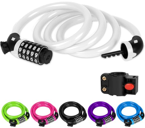 Ainiv Candado Bicicleta, Candado Patinete Electrico de 5 Dígitos, 1.2mx12mm Cerradura o Bicicleta Antirrobo con Soporte, Combinación de para Bicicleta, Scooter, Monopatín(Blanco)