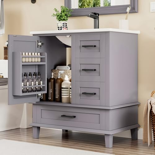 76 x 46 x 83,5 cm, mobile da bagno con lavandino, lavabo, completamente laccato, scaffale per porta, tre cassetti silenziosi, lavabo in ceramica integrato (grigio)