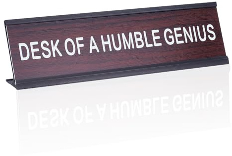 CRAFTYMELODY 1 Stück Lustige Schreibtischschilder Fürs Büro Schwarz Neuheit „A Humble Genius“ Schreibtischschild Aus Aluminiumlegierung Tischschildhalter In L Form Schreibtischzubehör