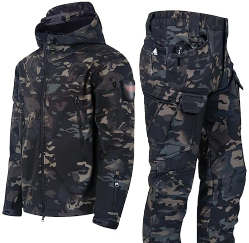 SimidunEUR Men's Jacket and Trousers Set Camouflage Hunting Military Uniform Fleece Lining Coat Hooded Rain Coat Windbreaker for Walking Hiking,Camouflage 4,M