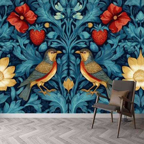 Carta da parati moderna in stile rurale, fiori pastorali, animali, uccelli, carta da parati per pareti d'accento in camera da letto, soggiorno o corridoio, poster panoramico carta da parati 400 x 280