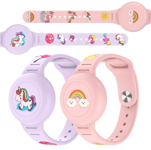 Vanet Lot de 2 bracelets étanches AirTag en silicone avec support caché, couverture complète, motif dessin animé, traqueur GPS léger, bandes de sécurité pour enfants, pas de traqueur
