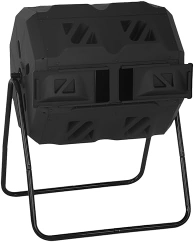 Contenedor de abono para exteriores de doble cámara con marco de acero, contenedor grande de abono para jardín y cocina, 2 puertas correderas para un fácil acceso, reciclaje de residuos ecológico