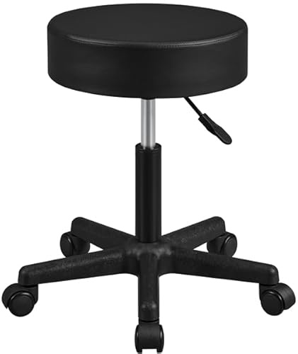 Yaheetech Taburete Giratorio sobre Ruedas, Taburete Rodante Regulable, 46-61.5 cm,Asiento Tapizado de Polipiel Sintético,para Hogar Oficina,Estudio,Tatuajes Salón,Masajes Centro,Belleza,Negro