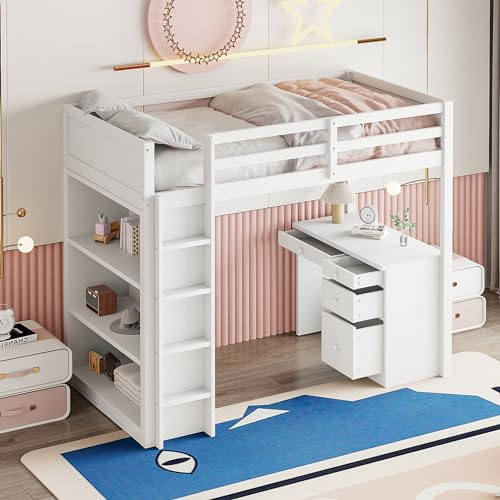 ECLIVON Etagenbett Kinderbett 90x200 mit Schreibtisch und Regal Stauraum, Bett Hochbett mit Leiter, Hausbett Bettgestell mit Lattenrost und Rausfallschutz, Tisch mit Schubladen, Ohne Matratze (Weiß)
