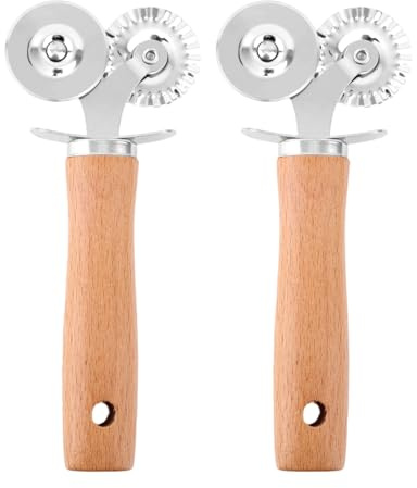 2pcs Double Wheel Pastry Cutter, Professional Wheel Pizza Cutter with Wood Handle Stainless Steel Kitchen Baking Tool for Spaghetti Pizza Pasta Dough Ravioli Dumpling Biscuit Pies Danish Pastries