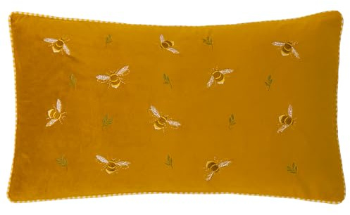 furn. Wylder Ramble Bees Cushion Cover – Rustic Country Velvet Embroidered Decorative Case (Honey – 30X50cm)