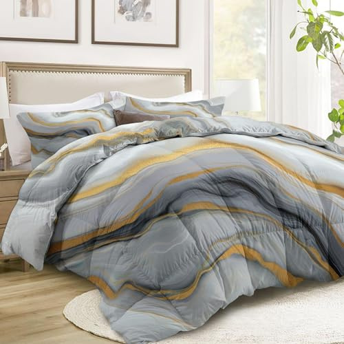 Srigzcaly 4 Jahreszeiten Bettdecke 135x200 cm, Wende Abstrakt Gold Textur Marmor Steppdecke Waschbare - Bettdecke ohne Bezug Nutzbar - Weiche Schlafdecke - Grau Ganzjahresdecke mit 2 Kissenbezug