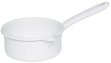 Riess, 0036-033, Stielkasserolle mit großem Ausguss ø 14cm, WEISS, Emaille, Vol. (rec.): 0,8 Liter, Made in Österreich, LBH: 30,7x17,3x9,1cm, 0,415kg, Induktionskocher kompatibel, Gasherd geeignet