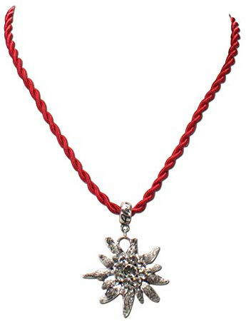 Heimatflüstern Collana di Corda con giondolo Stella Alpina Strass, Catena Tradizionale da Donna con Pietre di Cristallo per l`Oktoberfest, Gioielli per Dirndl (Rosso)