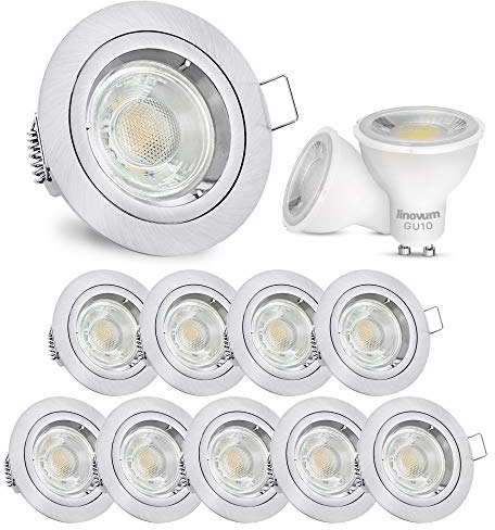 linovum 10er Set Einbauleuchte rund LED GU10 230V - runde Design Deckenspots Alu gebürstet inkl. LED GU-10 neutralweiß 6W