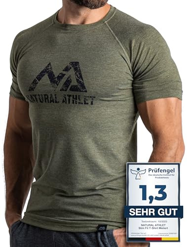 Natural Athlet Slim-Fit Fitness Tshirt für Herren – Enges & langes schnelltrocknendes Männer Kurzarm Gym T-Shirt – für Sport, Gym, Fitnessstudio, Workout, Bodybuilding und Krafttraining