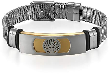 Flongo Herren-Armband Männer Armreif, Edelstahl Armband für Männer Armreif Baum des Lebens Tree of Life Lebensbaum Mesh Band Kette Armkette Silber Gold Verstellbar