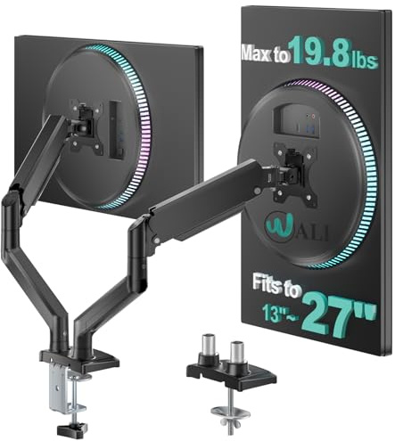 WALI Dual-Monitor-Ständerarm-Halterungen, für 2 Monitore, voll verstellbare Gasfeder-Schreibtischhalterung, schwenkbare Befestigungslöcher, Halterung mit C-Klemme, Tüllenbasis für Display bis zu 81,3