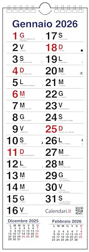 Calendario 2026 da muro OLANDESE SLIM stretto con 3 mesi, santi e lune - 15x42 cm