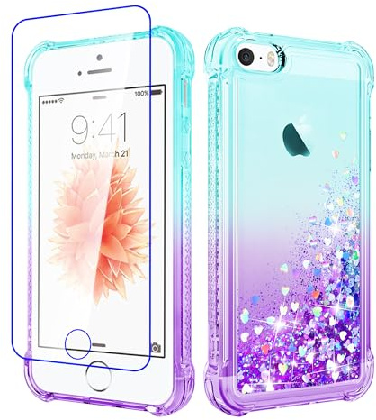 Pilaru for iPhone SE 2016(1st),iPhone 5/5S Case Clear Liquid Heart Lovely Glitter Soft TPU Cover Transparent Girly Protective Phone Case for iPhone SE (1st Gen),Green-Purple