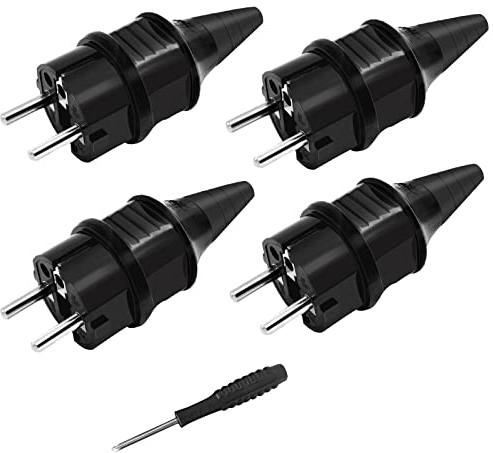 Enchufes de repuesto de enchufes [4 Pack] eléctricos macho Schuko estándar, 4 enchufes eléctricos de contacto de conexión a tierra de goma (250 V/16 A)+1 x destornillador, IP44 impermeable enchufes de