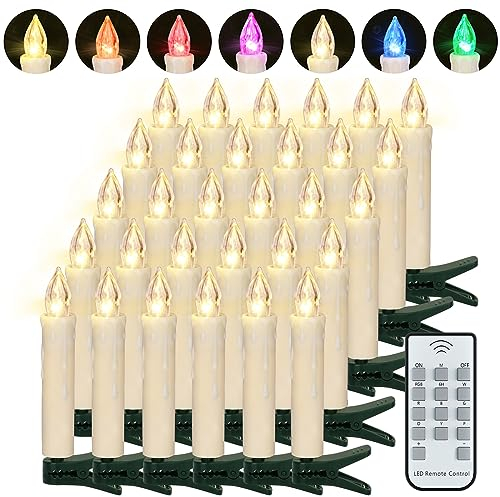 FREEPOWER 30er LED Christbaumkerzen Kabellos mit Fernbedienung Timer Flackern, Bunt & Warmweiß Weihnachtsbaum Kerzen für Weihnachten, Innen Außen Wasserdicht Weihnachtsdeko Lichterkette