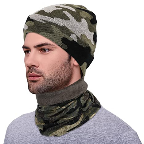 Neer 2 Stück Winter Camouflage Mütze und Halswärmer Set Grün Schwarz Grau Gestrickte Camo Mütze Halsmanschette für Männer Frauen