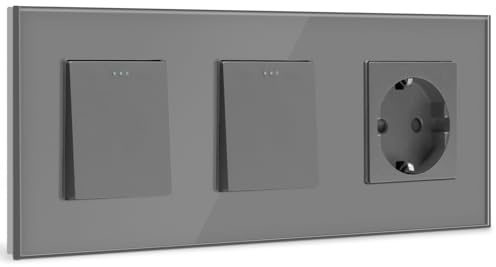 BSEED Doble Interruptor de pared con Enchufe,1 Gang 1 Vía interruptor pared+16A Schuko Enchufe,10A Gris Interruptor de luz de botón pulsador con marco de cristal,Enchufes de pared para Cocina
