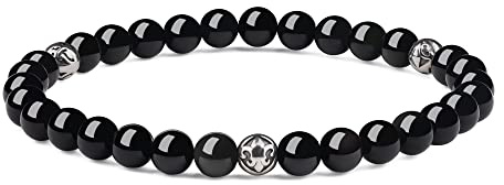 GAVU Bracelet à Charms Fleur de Lys 6mm Obsidienne Noire Unisexe M 16.5-18.5cm