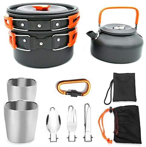 Camping-Kochgeschirr-Set, ultraleichtes Kochset mit strapazierfähigem Topf, Pfanne, Schalen, Klappgabel, Rucksack-Kochgeschirr für Picknick, Trekking, Wandern und Bergsteigen, Grün