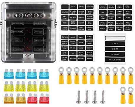Auto-Sicherungsblock, Sicherungskasten-Brettplatte 6-Wege 12V-24V Auto-Stromverteilungs-Blatt-Sicherungshalter-Kasten-Klemmenschaltung mit Sicherungen für Dachlichter Autoladegerät