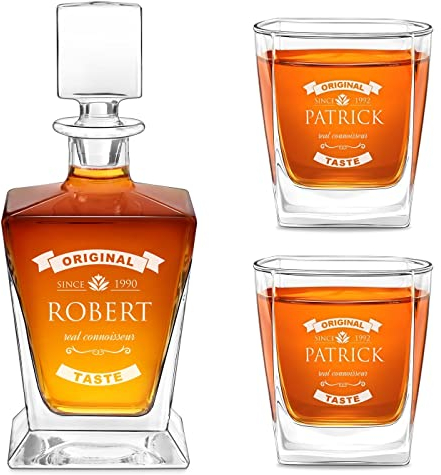 Maverton Personalised Whiskey Set for Man - Carafe with 2/4/ 6 Glasses for him - Stylish Barware for Birthday - for Whisky Connoisseurs - Decanter and 2 Glasses with Engraving - Original