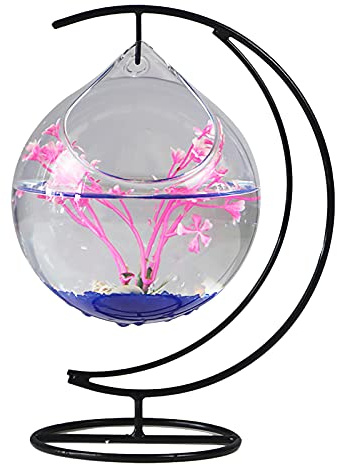 Hanging Fish Tank, Small Table Glass Fish Bowl, Mini Aquarium with Stand, Desk Hanging Fish Tank Bowl with Stand, Clear Plant Terrarium for Home Tabletop Office Garden Decor(A4)