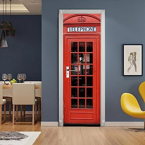 A.Monamour Türtapete Selbstklebend Türfolie Türposter 3D Eine Rote Telefonzelle Vinyl Folie Türdeko Tapete Wandbild Türaufkleber Türtattoo 85x200cm