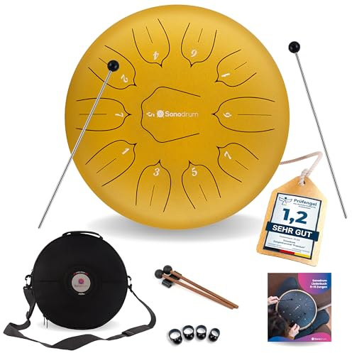 Sonodrum Zungentrommel Standard C - Dur in Gold - 30 cm groß mit 11 Tönen - Steel Tongue Drum inkl. Liederbuch, Schlägel, Fingersticks und Tragetasche - Notenlesen nicht nötig, einfach zu spielen.