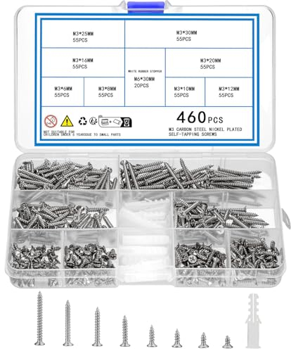 KOXXIAMOQ 460 Pcs M3 Screw Sets, Wood Screws Assortment Kit, Flat Head Self-Tapping Screws, Countersunk Assorted Cross Concrete Screw for Furniture Repairs