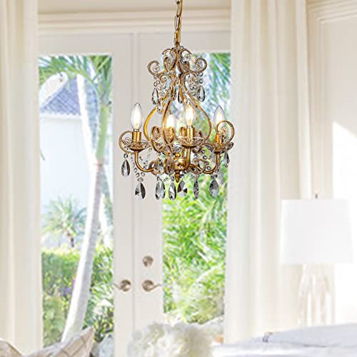 ALOADECOR Vintage Elegance Kronleuchter 4-Light Antique Gold Luster Wohnzimmer Lampe Landhausstil mit Kristall Perlen Akzente - Perfekt für Küche Insel Foyer und Schlafzimmer - B 34cm