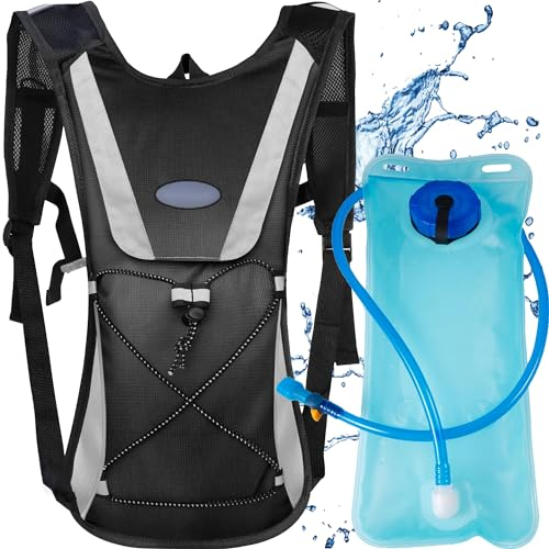 XFLYP Trinkrucksack mit 2L Trinkblase, 5L Ultraleicht Trinkrucksack Trail Rucksack Trinkweste, Leichter Laufen Rucksack Wasserdicht, reflektierend, reißfest für Laufen, Camping, Wandern(Schwarz)