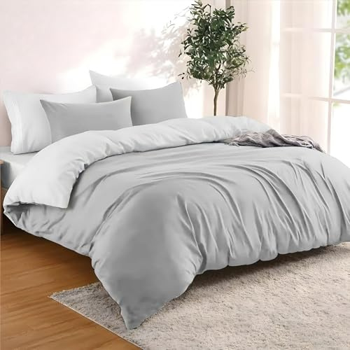 Dreamzie - Housse de Couette 200x200 avec 2 Taies Oreiller 65x65 cm | Parure de Lit 140x190 · Reversible · Gris Clair/Blanc · Microfibre Ultra Douce · Fermeture Éclair · OEKO-TEX · Légère