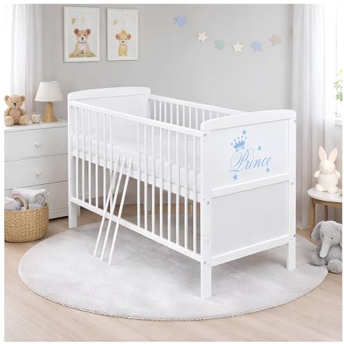 Generisch Baby Delux Babybett 70x140 Kinderbett umbaubar zum Juniorbett weiß 140x70 mit Aloe Vera Komort Matratze und Beißschienen (Prince)