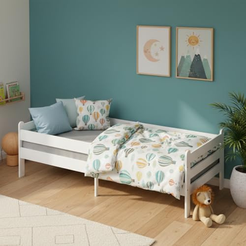 Bellabino Kuru Kinderbett 90x200 cm, Weiß, mit Lattenrost | Jugendbett, mit Rausfallschutz, Einzelbett für Jungen und Mädchen Kinderzimmer, Kids Bed