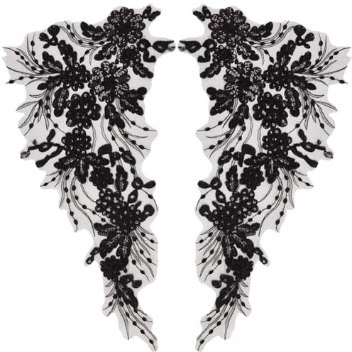 GORGECRAFT 4pz 3D Paillettes Pizzo Applique Ricamo Cucire Foglie Fiori Colletto Toppa Decorazione Tessuto Motivo Floreale Toppe Artigianali per Cucire Matrimonio Fai Da Te Vestiti Pantaloni Jeans Nero