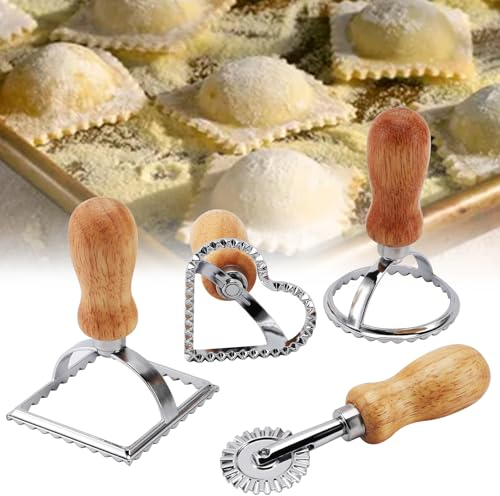 mumisuto 4 PCS Ravioli Stamp Maker Cutter, Ravioli Cutters Mold with Wooden Handle and Fluted Edge Pasta Press Kitchen Attachment with Pastry Cutter Wheel for Ravioli Pastry Pasta Dumplings Cookies