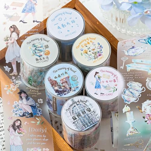 Washi Tape Set PET Scrapbook Zubehör 6 Rolls Wide Washi Tapes Transparent Sticker für Scrapbooking，Bunt Aufkleber Fotoalbum，Journaling, Bullet Journals