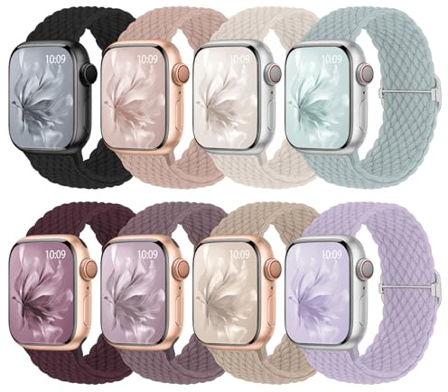 8 Stück Geflochtenes Armband Kompatibel mit Apple Watch 38mm 40mm 41mm 42mm 44mm 45mm 46mm, Elastisches Nylon Stoff Band für Apple Watch 11 10 9 SE 8 7 6 5 4 3 2 1