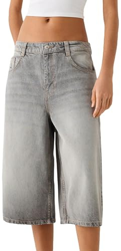 SANSIWU Women Vintage Baggy Jean Shorts Y2K Low Waist 3/4 Length Wide Leg Denim Shorts Casual Barrel Oversized Jorts Capri Pants (Light Grey, M)