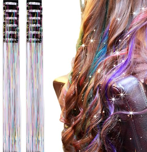 Qianyu 12 Stück Glitzer Haarsträhnen Lametta Kit Tinsel Hair Clip-in-Extension Zum Einflechten Haartei funkelnde Weihnachten Halloween Haar-Accessoires für Frauen Mädchen Kinder Festival Party Zubehör