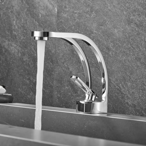 MocArt Waschtischarmaturen Bad, Armatur Waschbecken Messing, Modern Waschtischarmatur Wasserfall, Ventilkern aus Keramik, Kunst Badezimmer Wasserhahn (Galvanisiertes Silber)